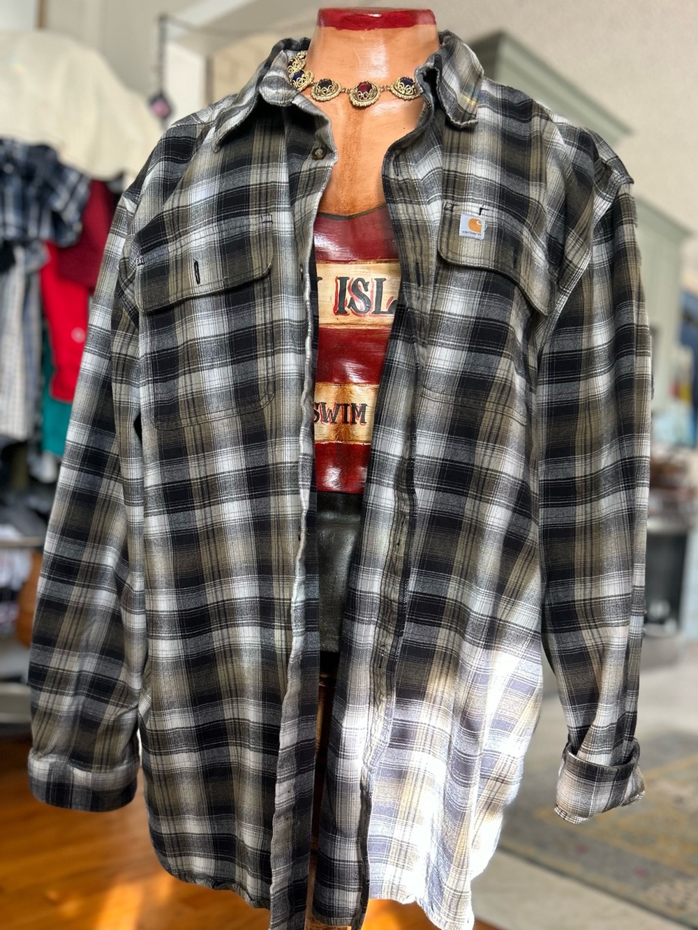 Carhartt Men’s Black & Gray Plaid Lightweight Shirt Jacket-Carhartt patchwork